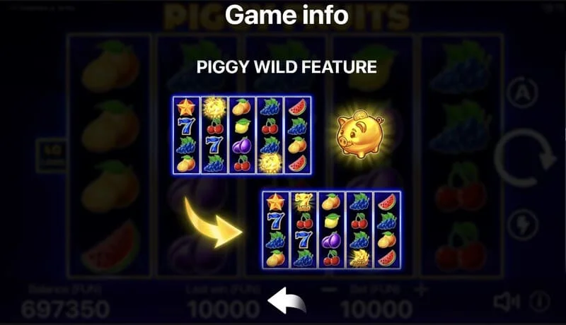 Piggy Fruits - 5x4 ızgara ve meyve sembolleriyle oyun ekranı